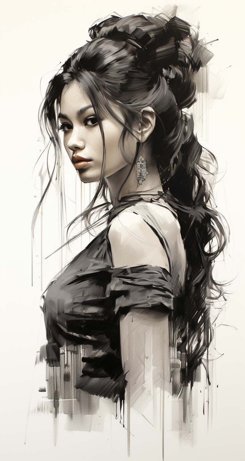 Midjourney prompt: a black and white charcoal drawing of a beautiful ... - Midjourney