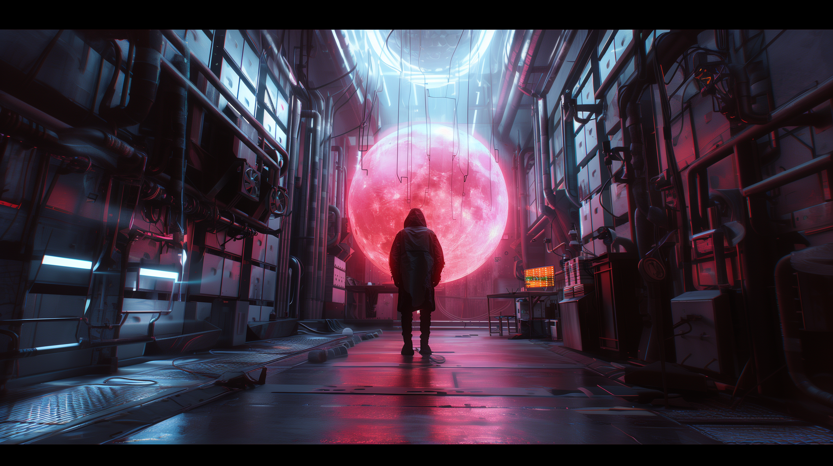 AI generated: Midjourney prompt: hoodie man, huge High-tech equipment room, Facing ... (Midjourney - Concept Art)