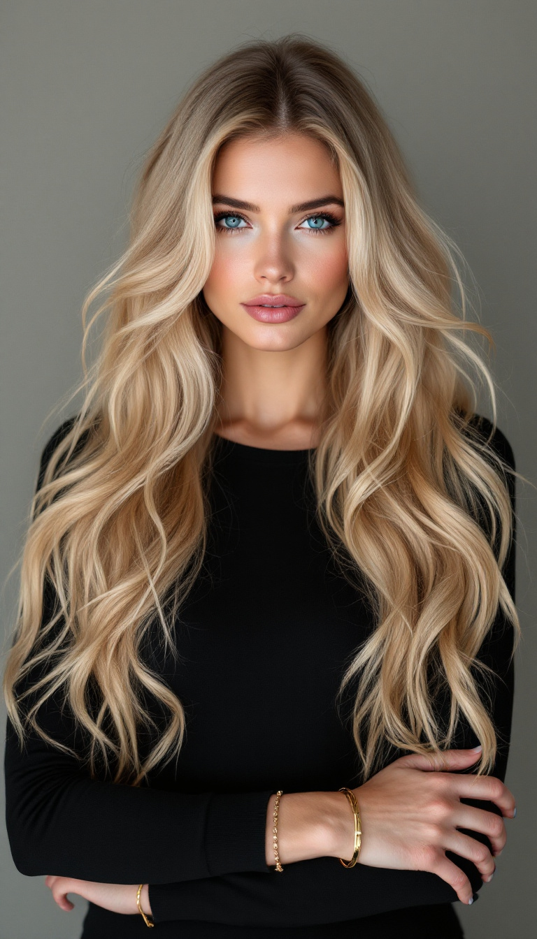 صورة مولدة بالذكاء الاصطناعي: FLUX prompt: A woman with long, wavy light golden hair, parted ... (نموذج FLUX - صور شخصية)