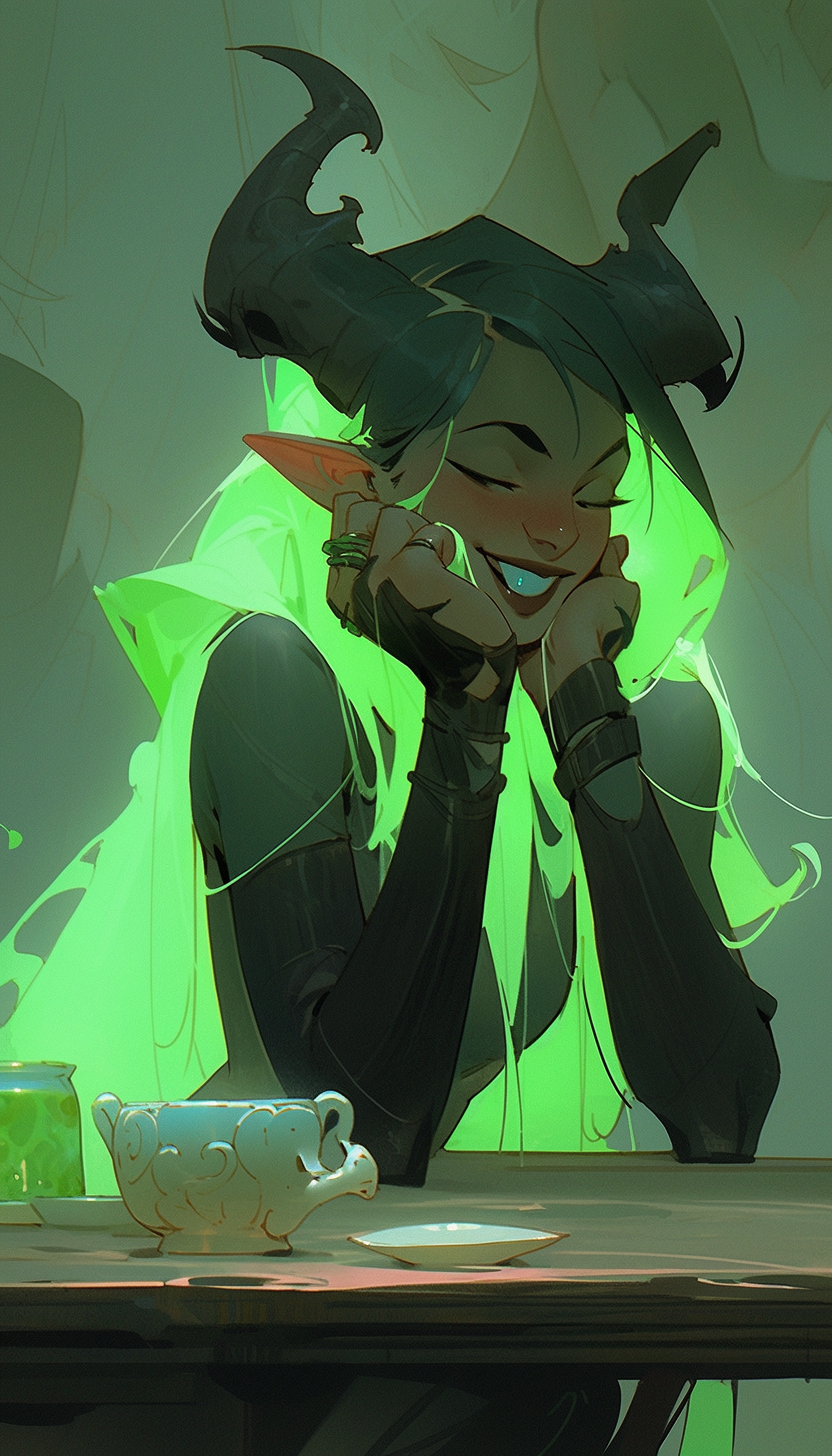 AI generated: Midjourney prompt: a woman sitting at a table with a cup of tea, by R... (Midjourney - Character Design)