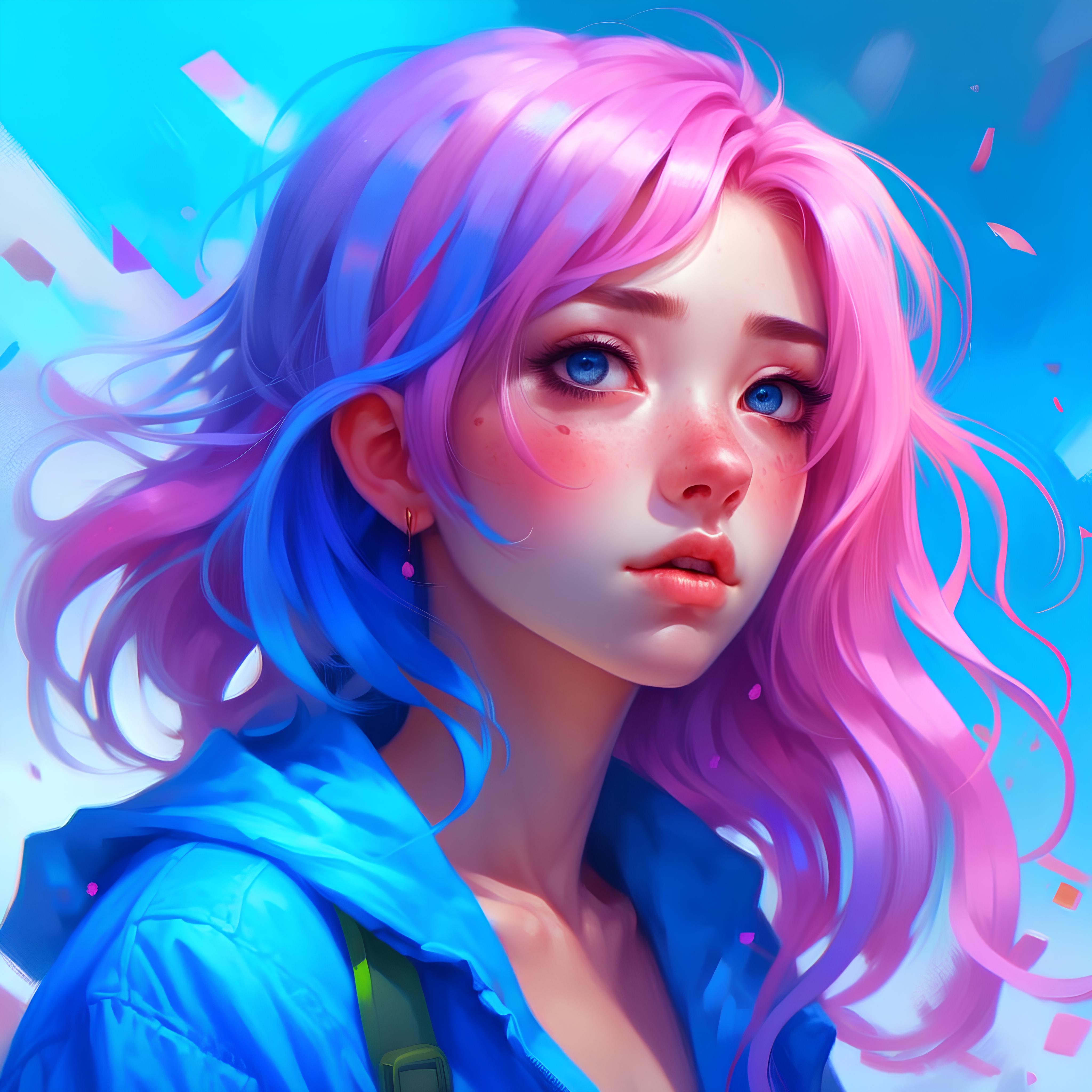 DreamShaper prompt: a drawing of a girl with pink and blue hair, a dig... - DreamShaper