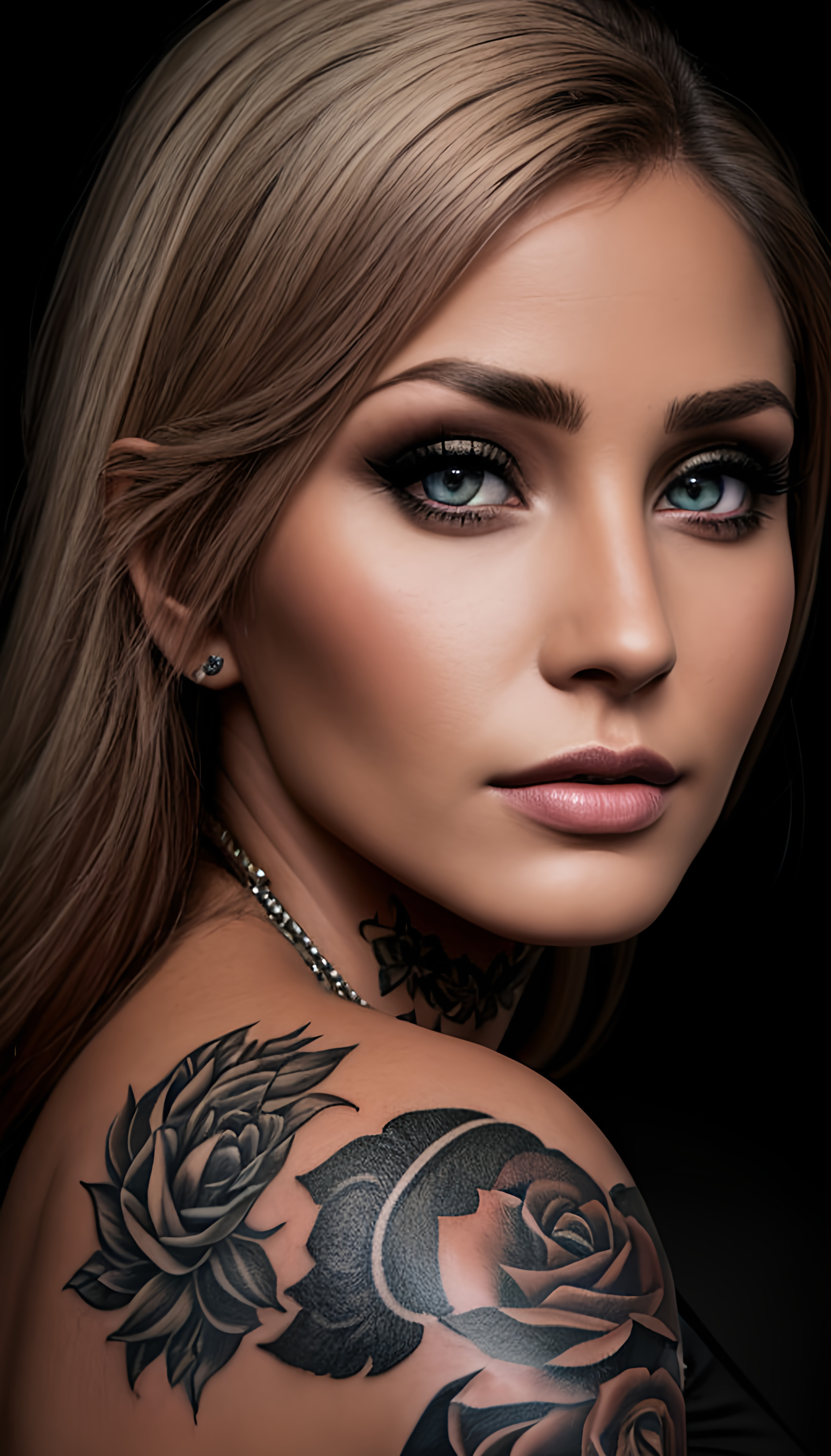 صورة مولدة بالذكاء الاصطناعي: Tattooed Female Portrait Light Blue Eyes (نموذج Stable Diffusion - تصوير فوتوغرافي)