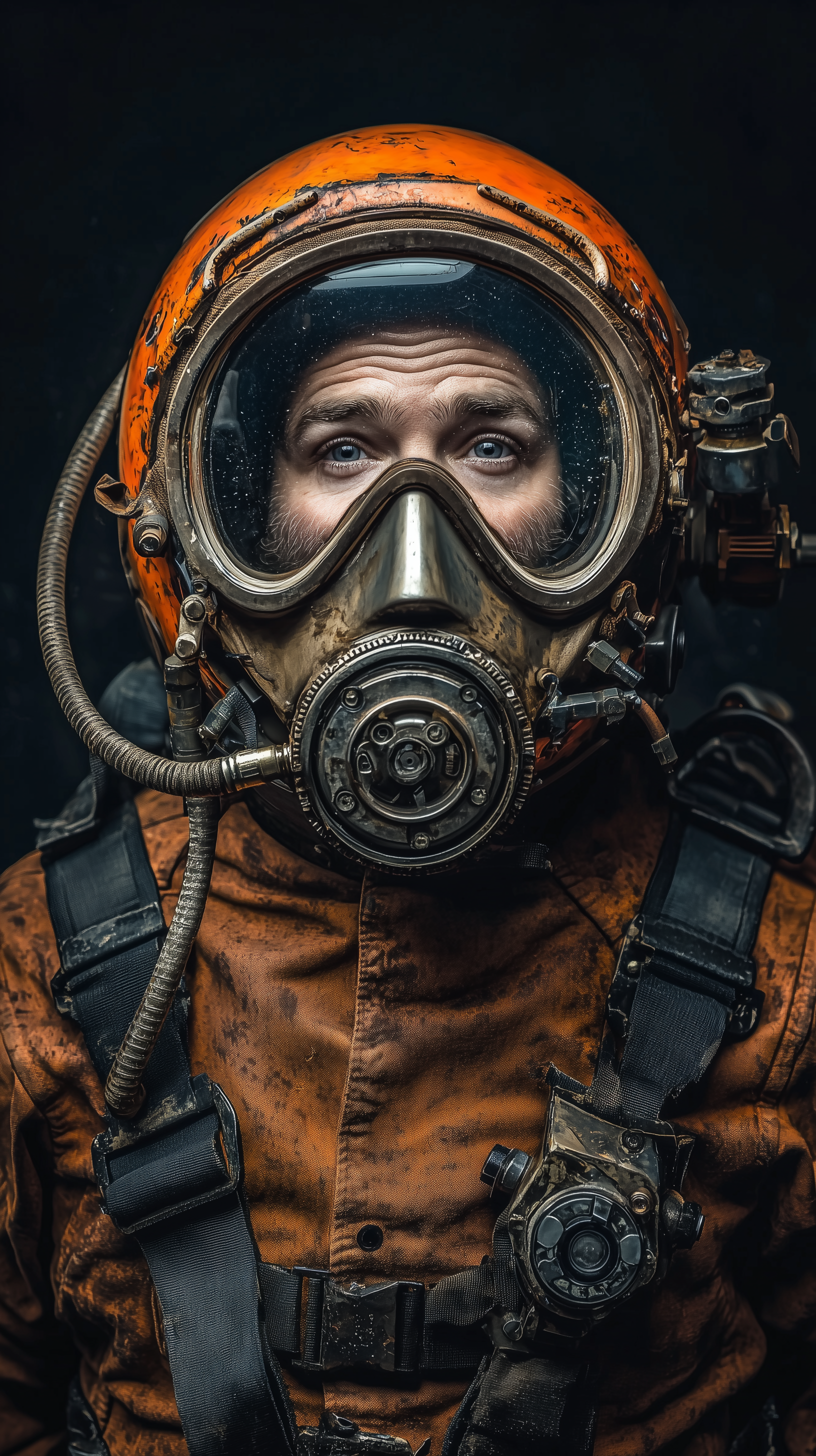 AI generated: Midjourney prompt: portrait, front upper-body, deep-sea diver model, ... (Midjourney - Portraits)