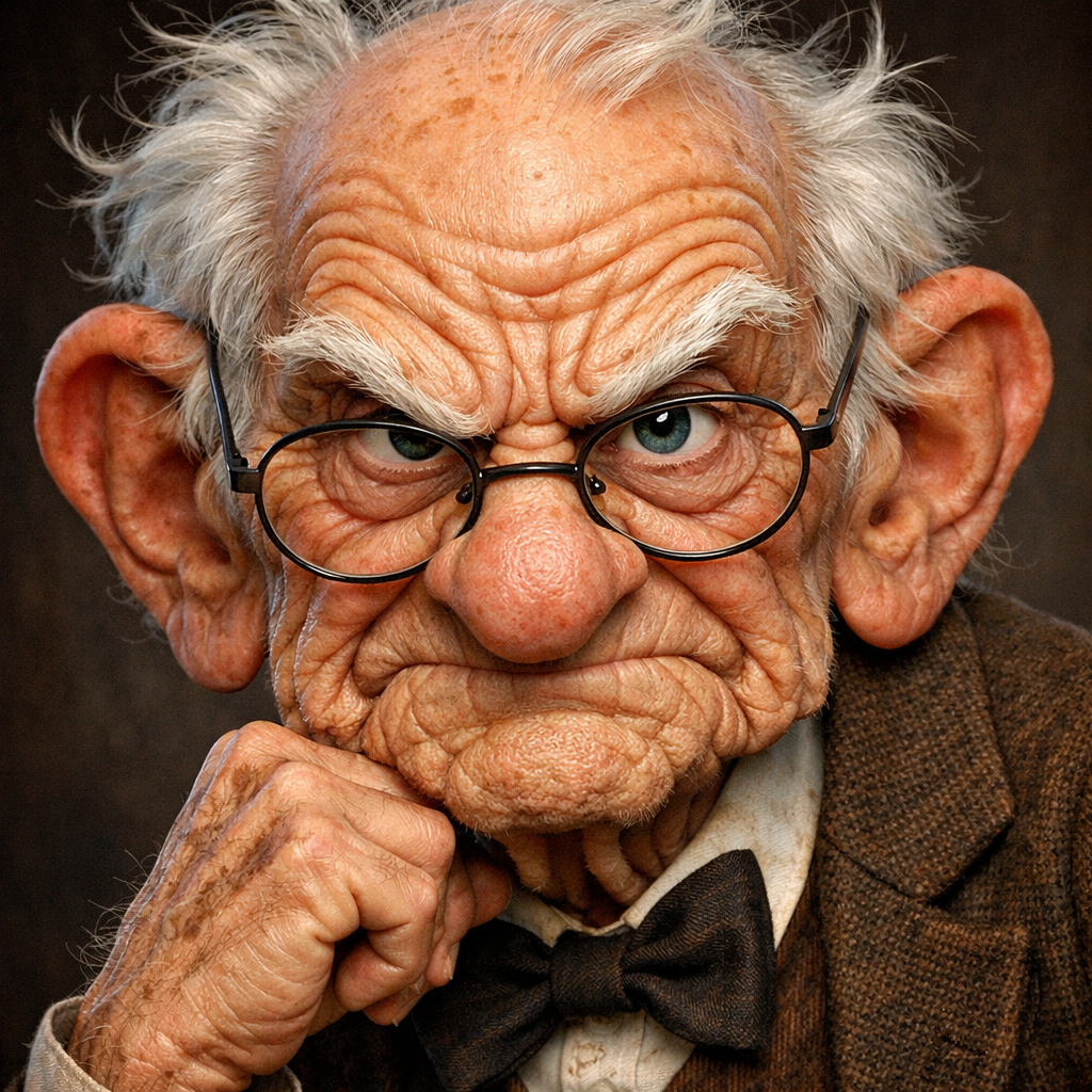 Pixar-style caricature, mischievous old man with deep wrinkles and glasses