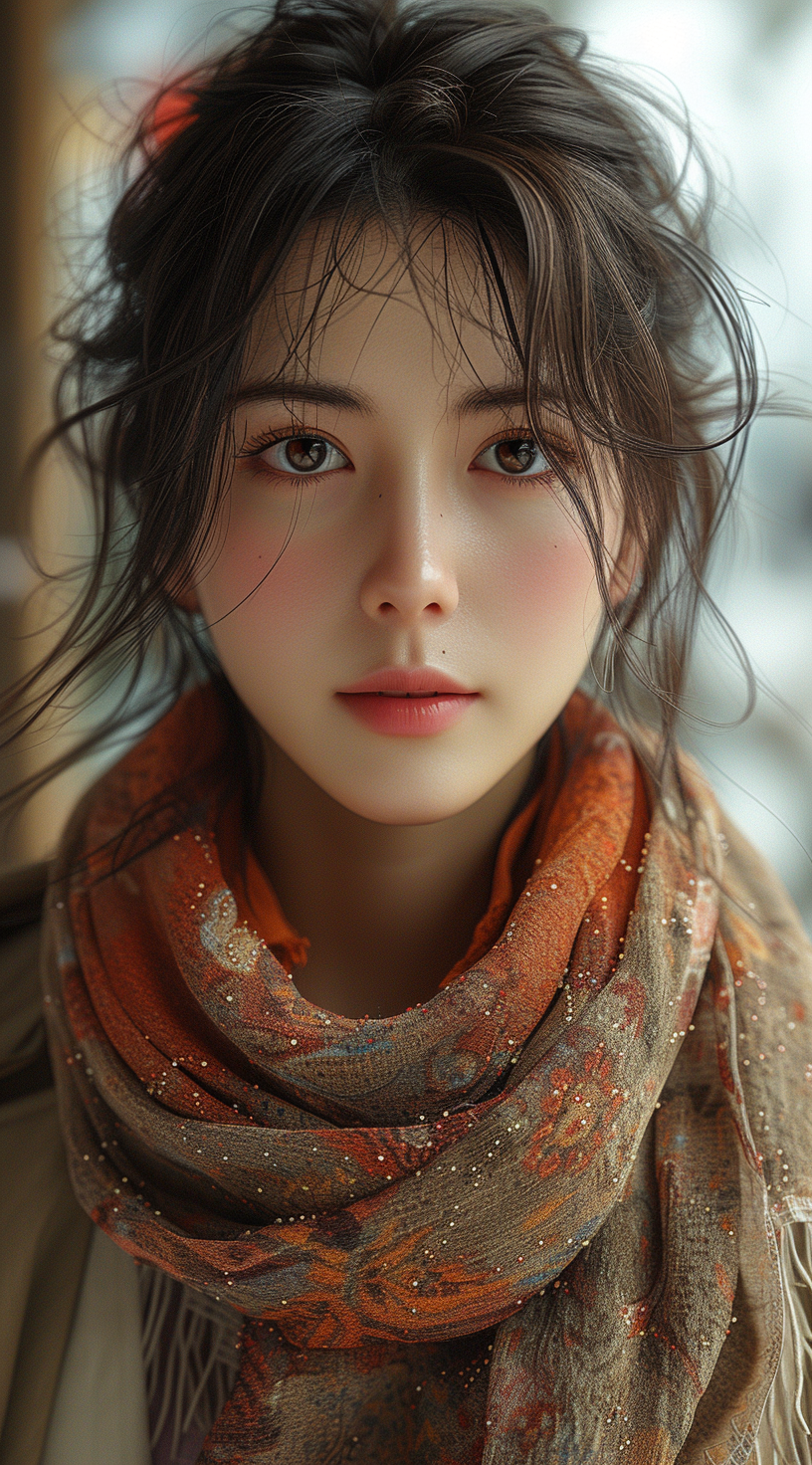 AI generated: Midjourney prompt: a woman is wearing a scarf and a coat, in the styl... (Midjourney - Portraits)