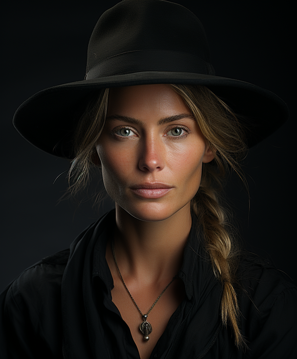 Midjourney prompt: a woman wearing a black shirt and an oversized hat... - Midjourney