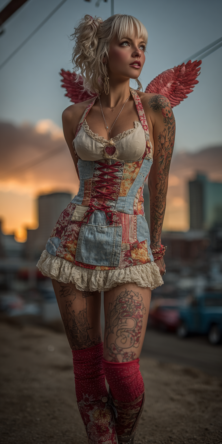 Midjourney prompt: Full-body photograph of an attractive, tattooed an... - Midjourney