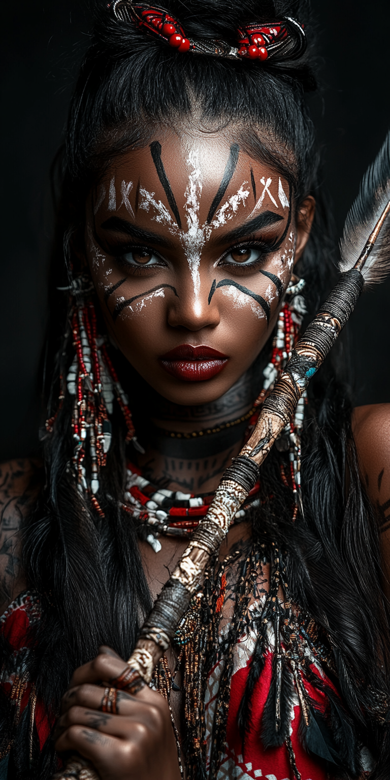 Midjourney prompt: Full-body photography of an African warrior woman ... - Midjourney