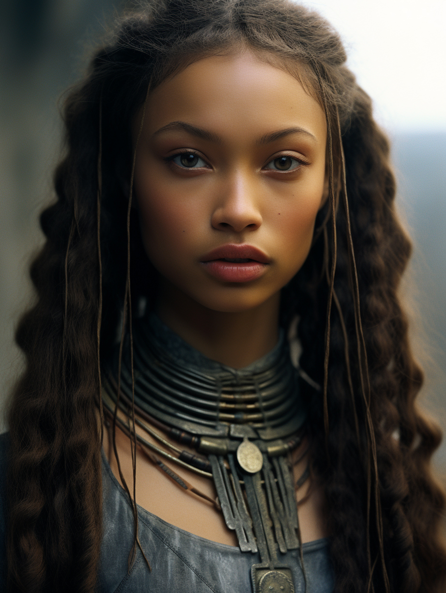 Midjourney prompt: a close up of a woman with long hair, portrait sop... - Midjourney