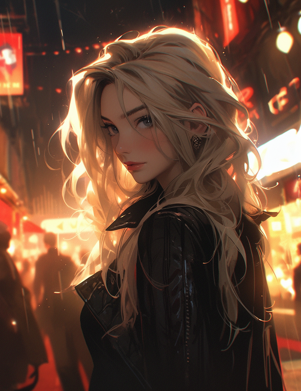 Midjourney prompt: an image of a woman in black leather near a neon s... - Midjourney