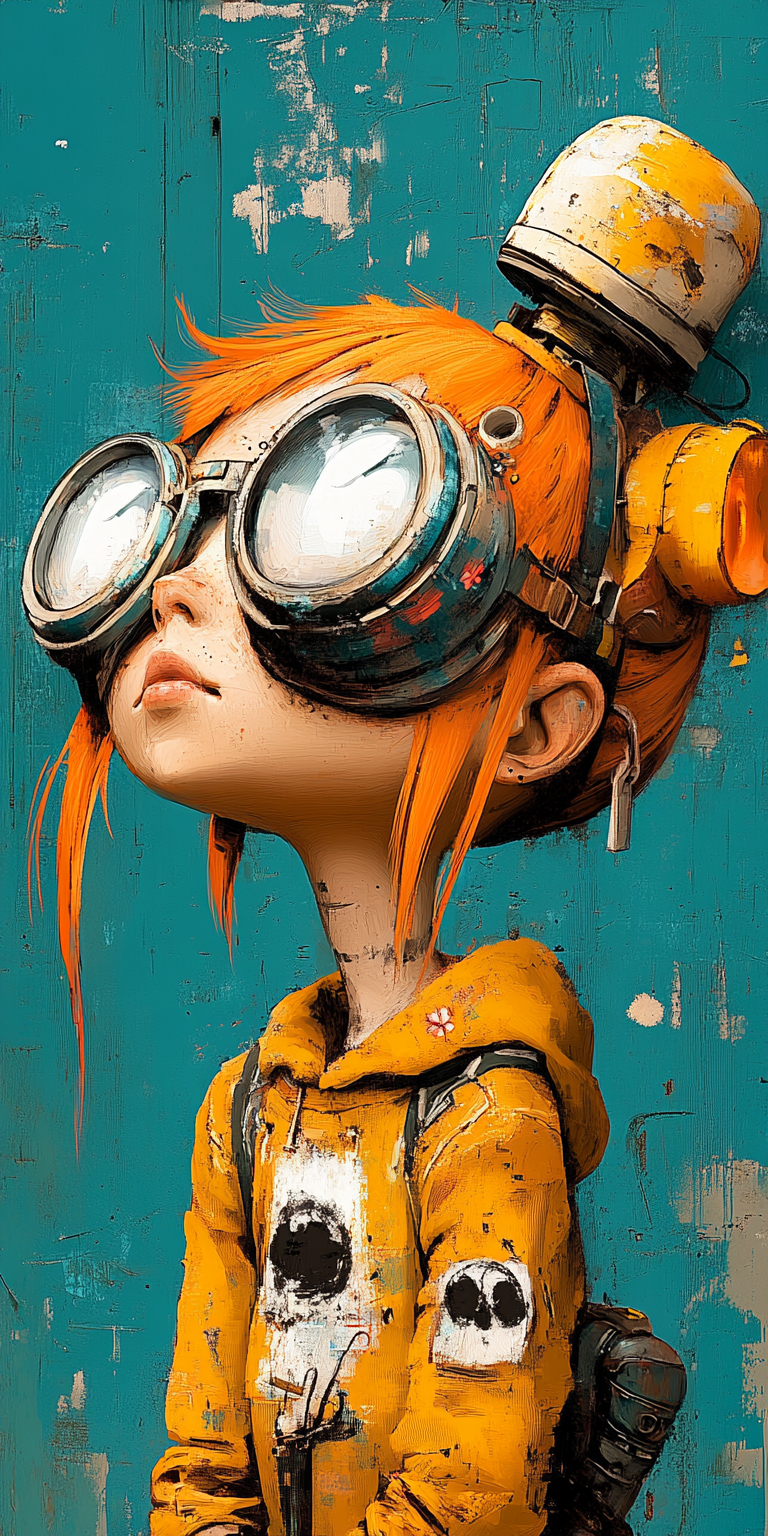 Midjourney prompt: a girl with orange hair dressed in glasses, in the... - Midjourney