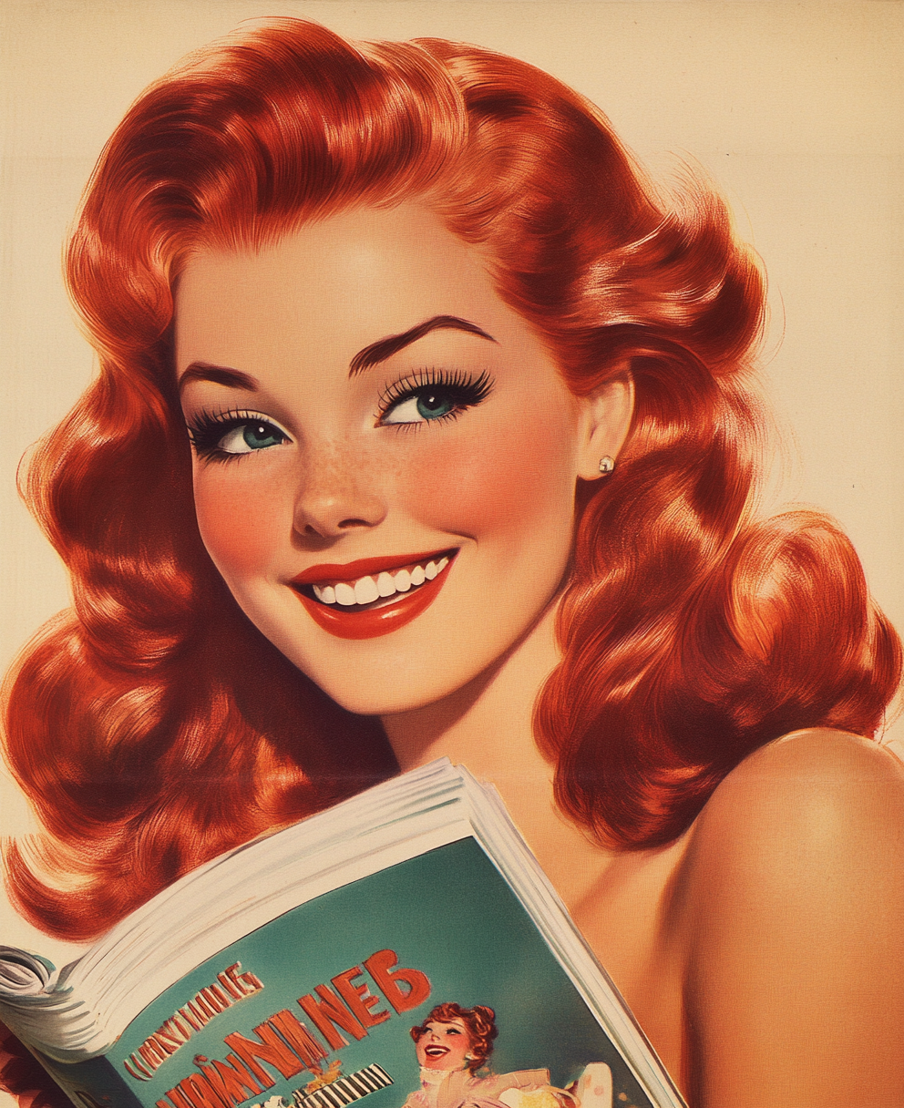 Midjourney prompt: A vintage illustration of a red-haired woman smili... - Midjourney