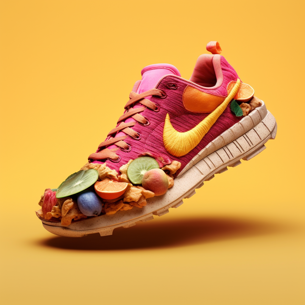 AI generated: Midjourney prompt: pair of shoes made of dried fruit skins, 3d render... (Midjourney - Fashion)