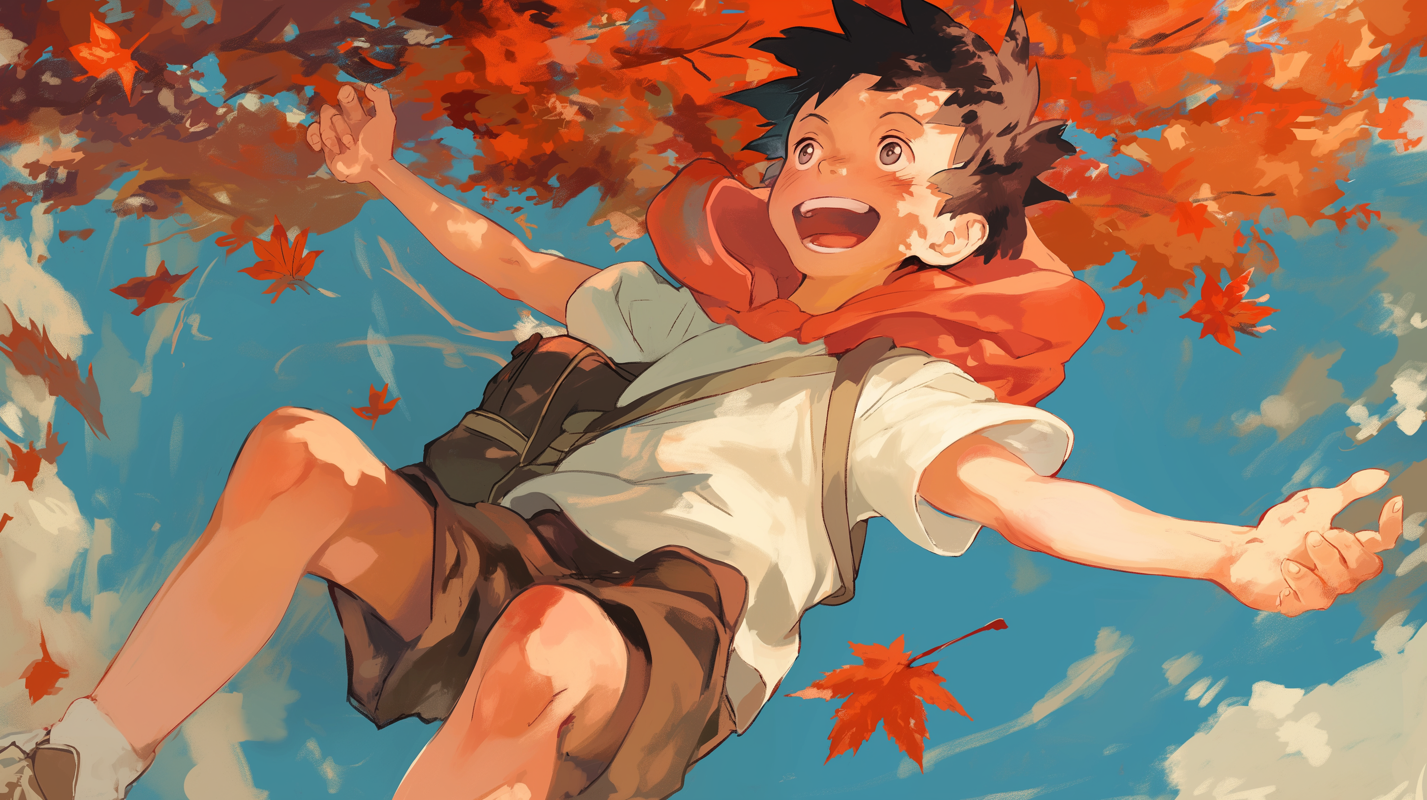 AI generated: Midjourney prompt: a charming boy joyfully grasping a maple leaf whi... (Midjourney - Anime)