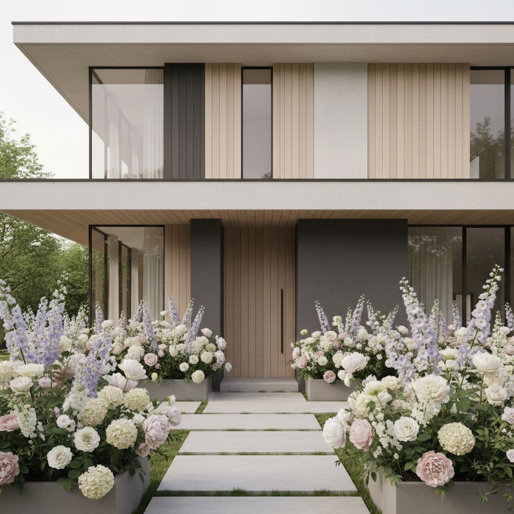 facade architecture japandi minimalist neutral colors vegetation