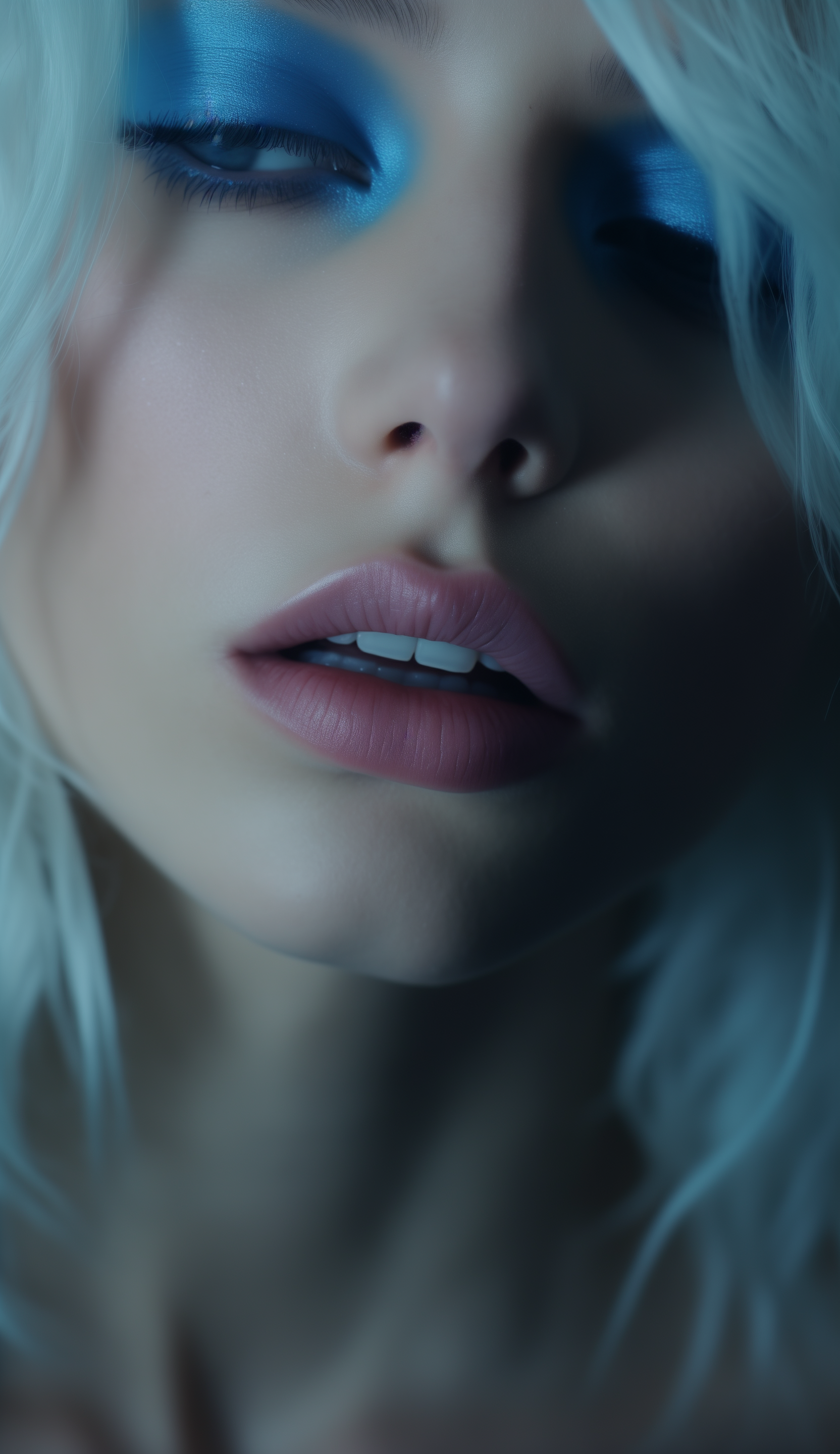 Midjourney prompt: woman with blonde hair , white makeup and blue eye... - Midjourney