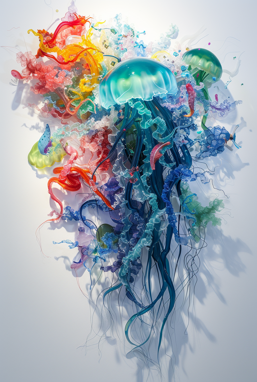 AI generated: Midjourney prompt: a 3d painting of jellyfish with colorful fish and ... (Midjourney - Concept Art)
