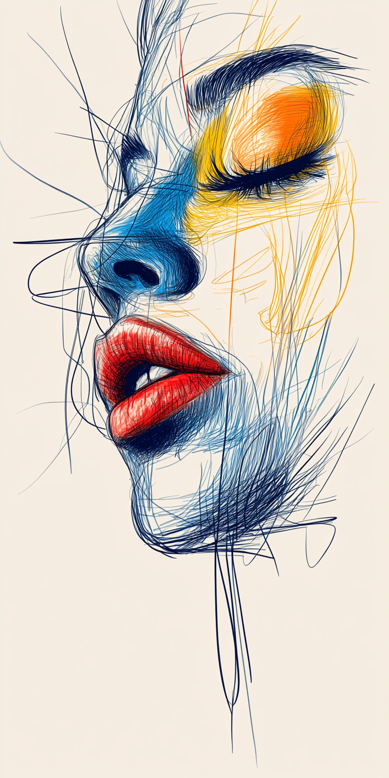 AI generated: Midjourney prompt: a drawing of a woman's face with a red eyeshadow, ... (Midjourney - Portraits)