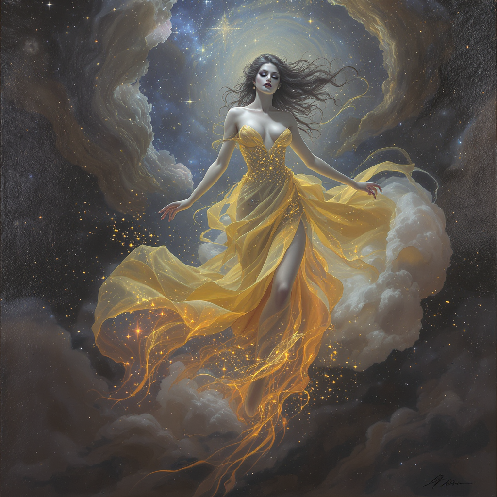 FLUX prompt: A celestial and ethereal woman floating grac...