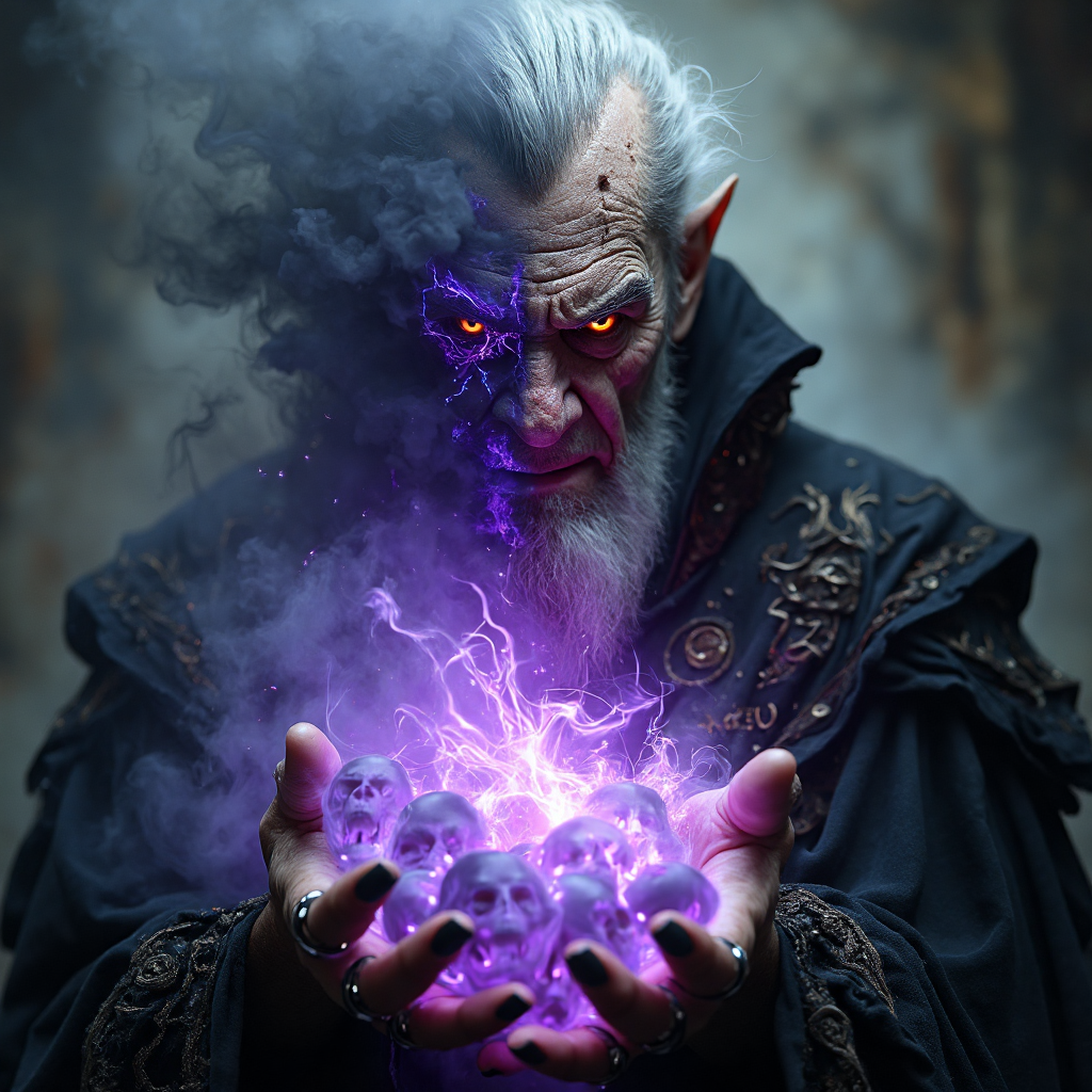 صورة مولدة بالذكاء الاصطناعي: FLUX prompt: A close-up, bust-framed portrait of a powerful, ma... (نموذج FLUX - Character Design)