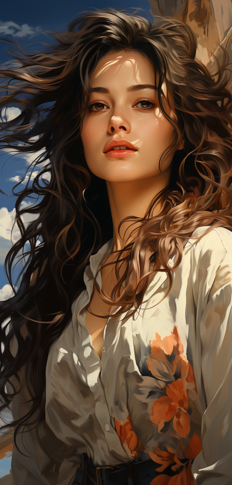 AI generated: Midjourney prompt: a gorgeous woman with long hair is looking at some... (Midjourney - Portraits)