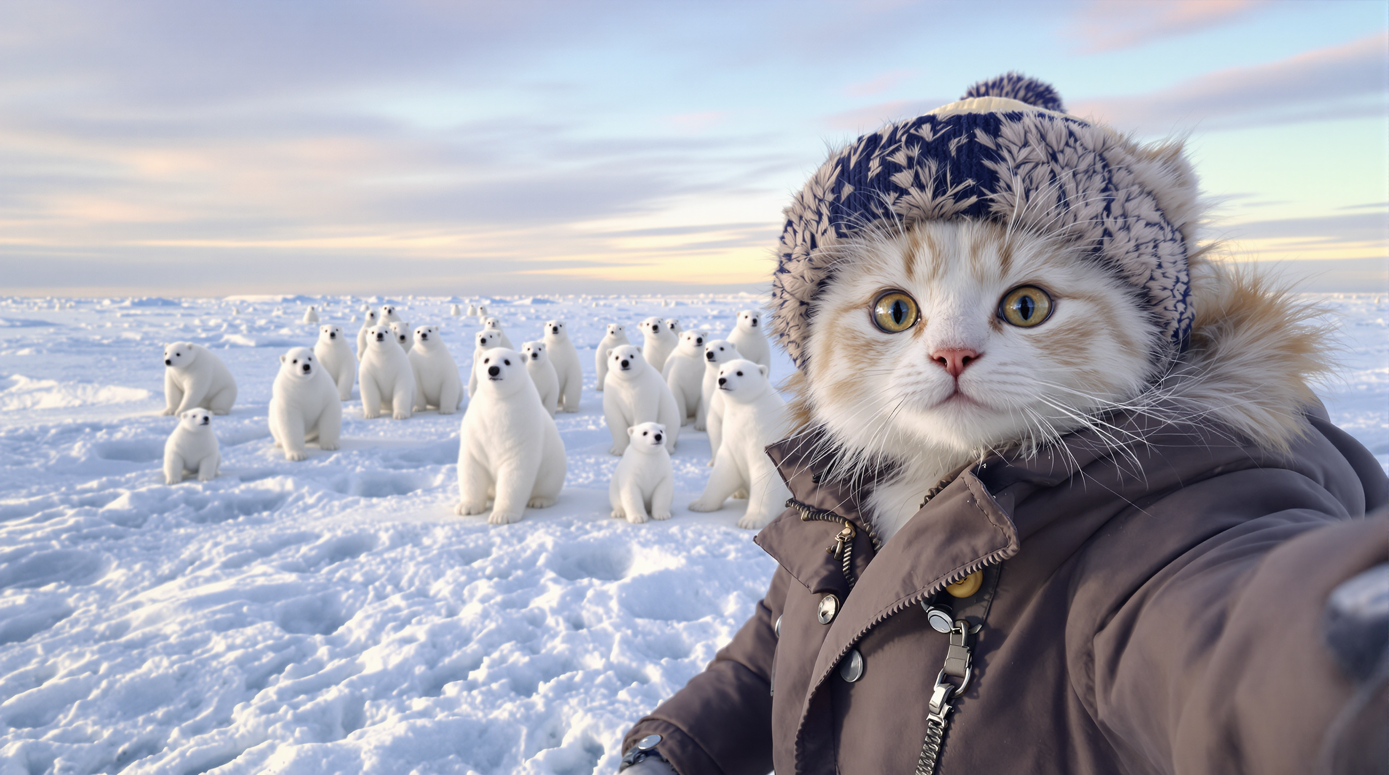 صورة مولدة بالذكاء الاصطناعي: FLUX prompt: In the snow, there is an ice field with many pola... (نموذج FLUX - أزياء وموضة)