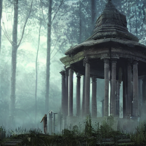Stable Diffusion prompt: temple in ruines, forest, stairs...