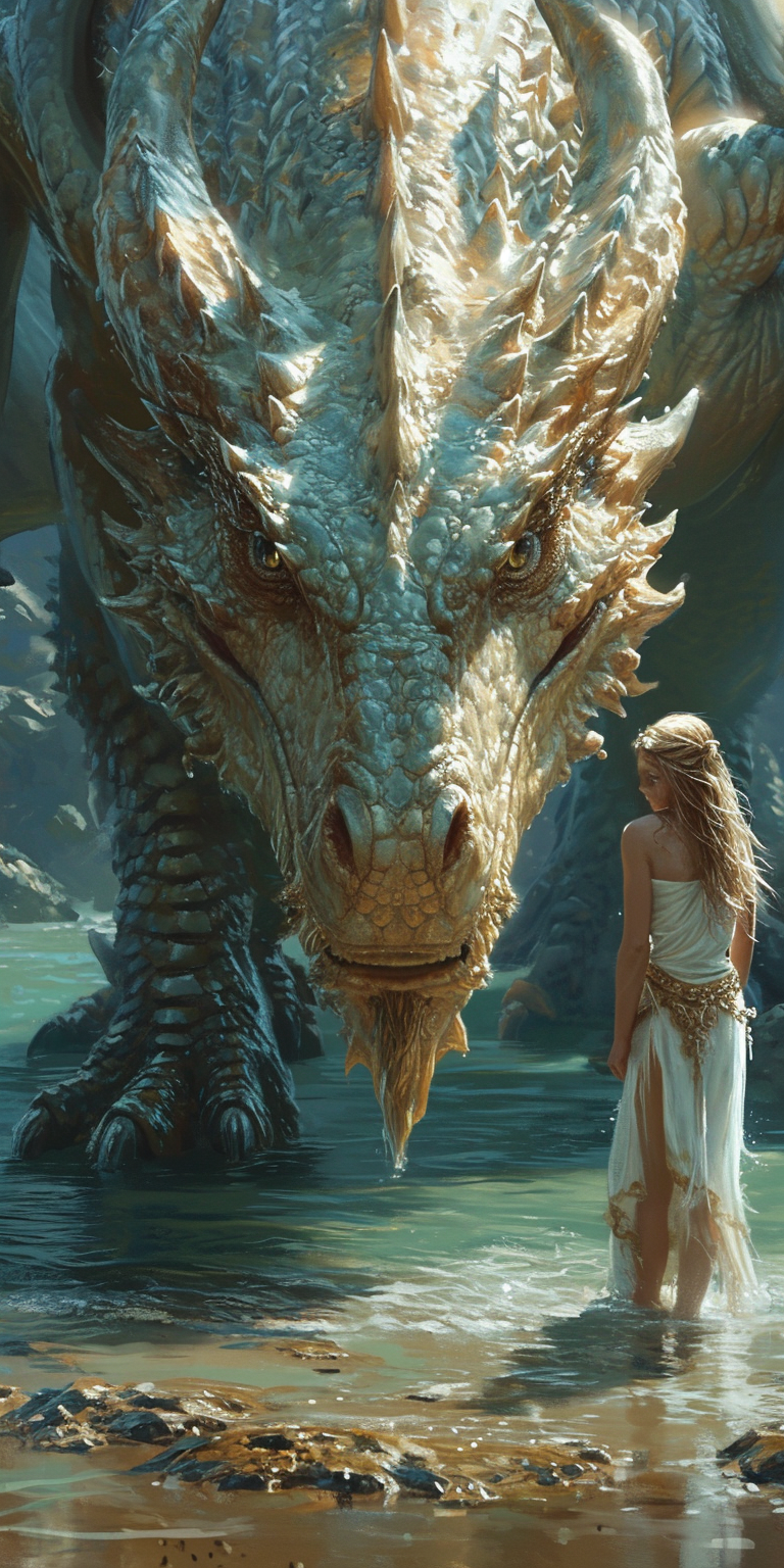 AI generated: Midjourney prompt: a woman is standing in the water next to a dragon,... (Midjourney - Portraits)