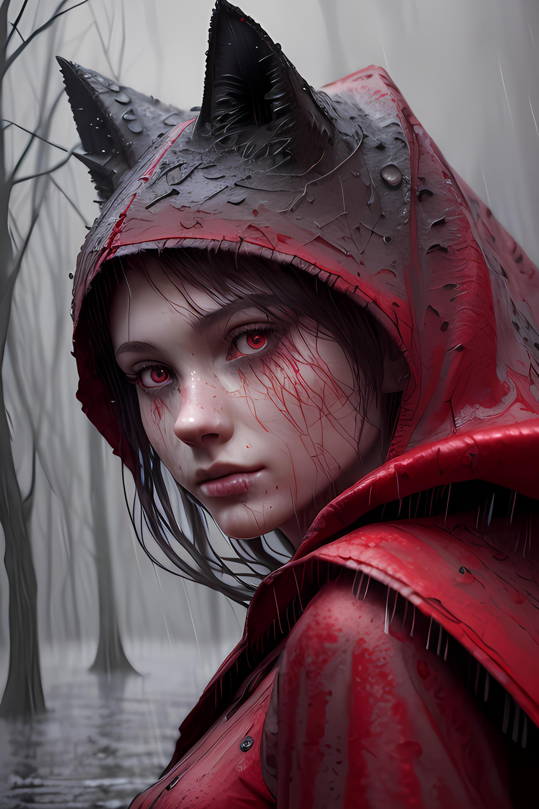 AI generated: Deliberate prompt: Closeup Portrait of a young Girl in red dress, dar... (Deliberate - Concept Art)