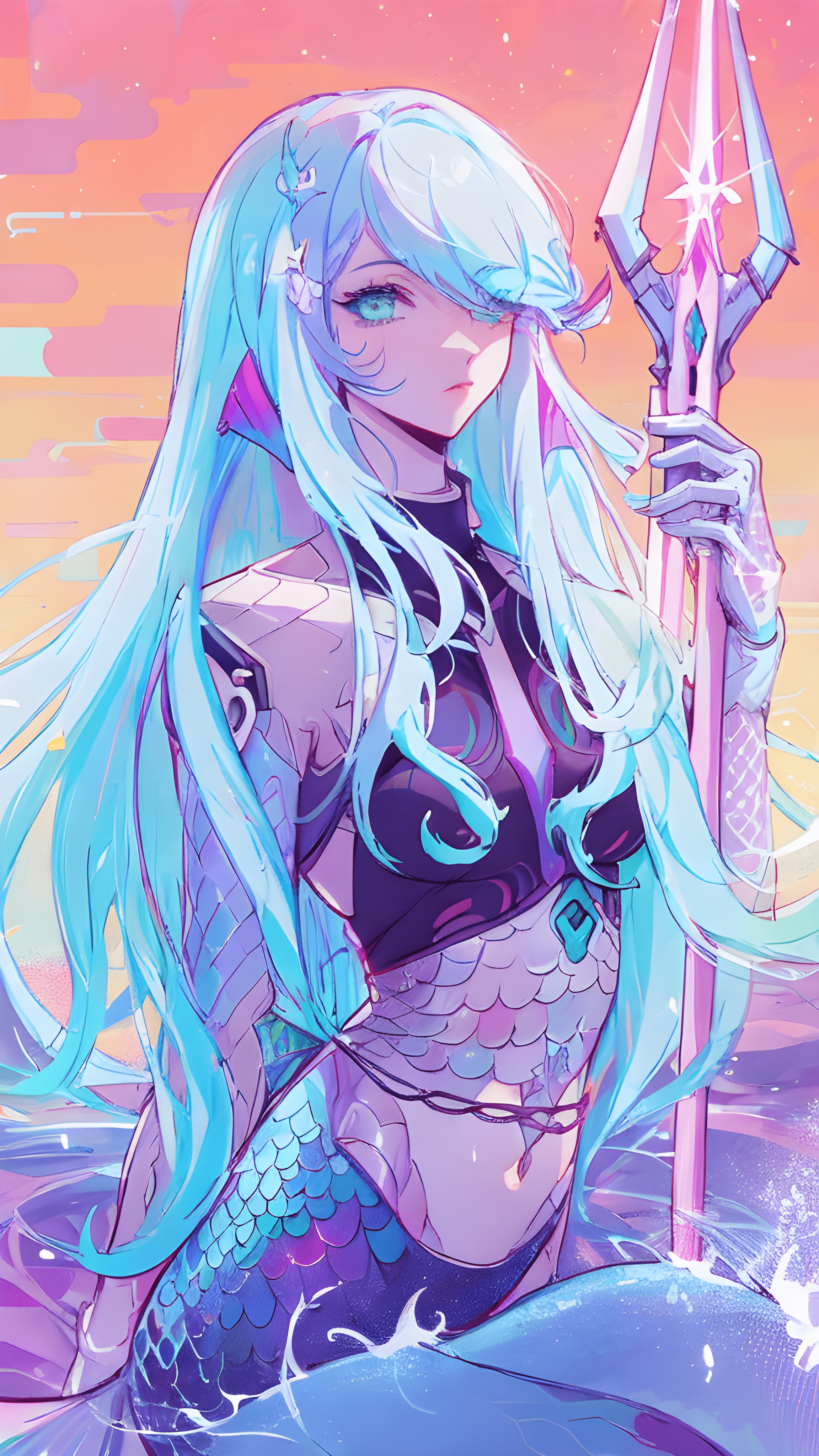 صورة مولدة بالذكاء الاصطناعي: DreamShaper prompt: a drawing of a mermaid holding a spear, cyberpunk ... (نموذج DreamShaper - أنمي)