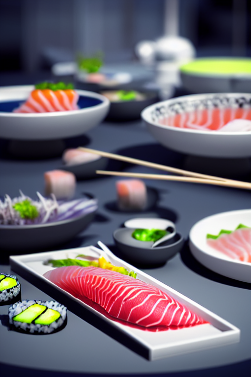 Stable Diffusion prompt: futuristic sushi on a table, sas...