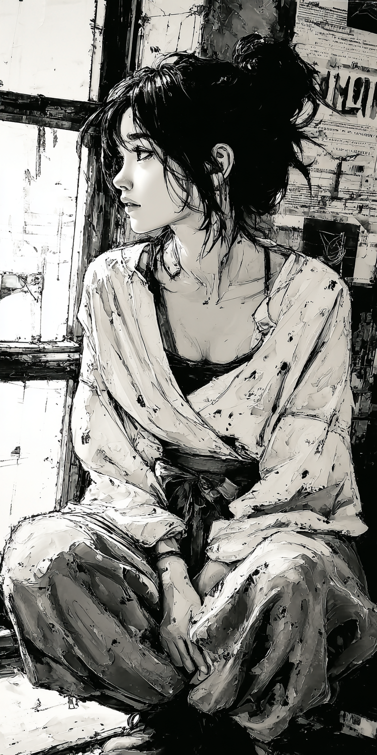 AI generated: Midjourney prompt: painting of a woman sitting by a window, palette k... (Midjourney - Portraits)