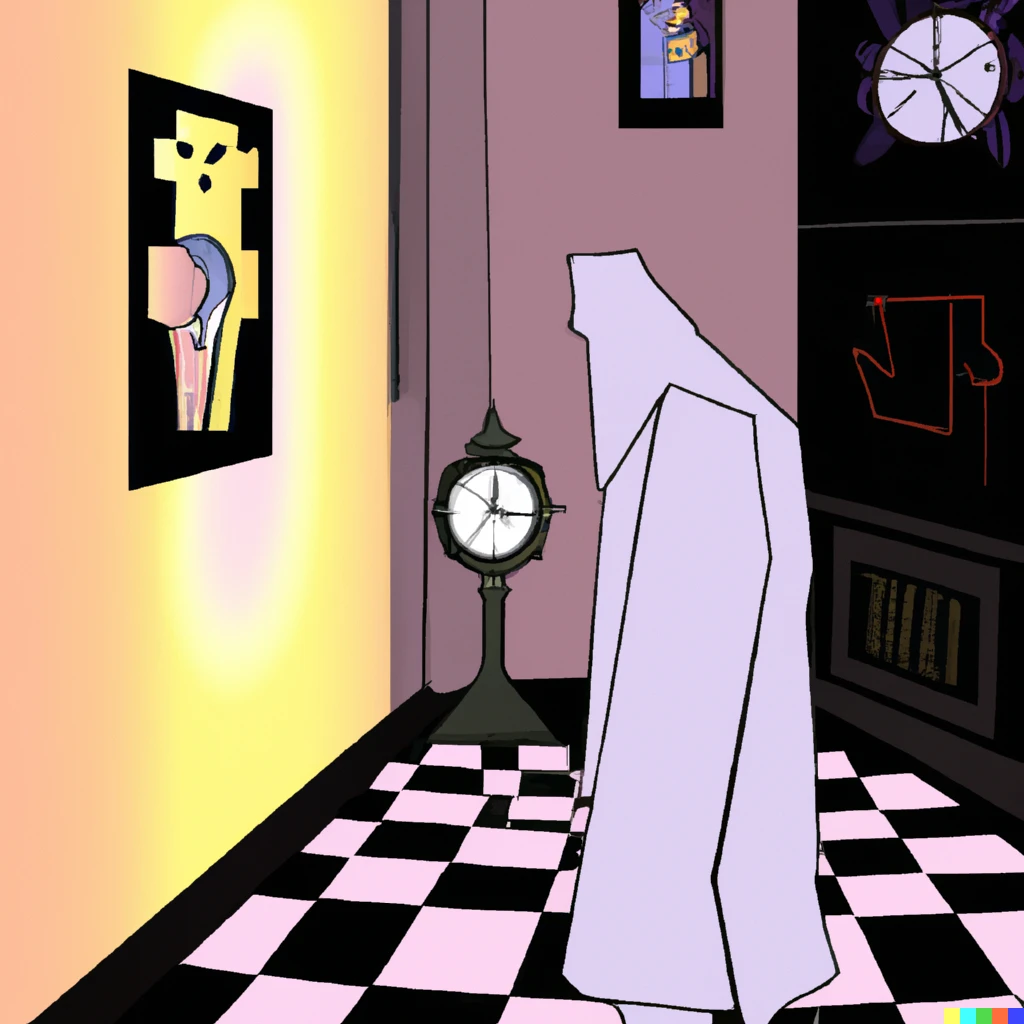 Roaming Ghost DALL-E prompt: Ghost roaming a hallway in front of a gran...