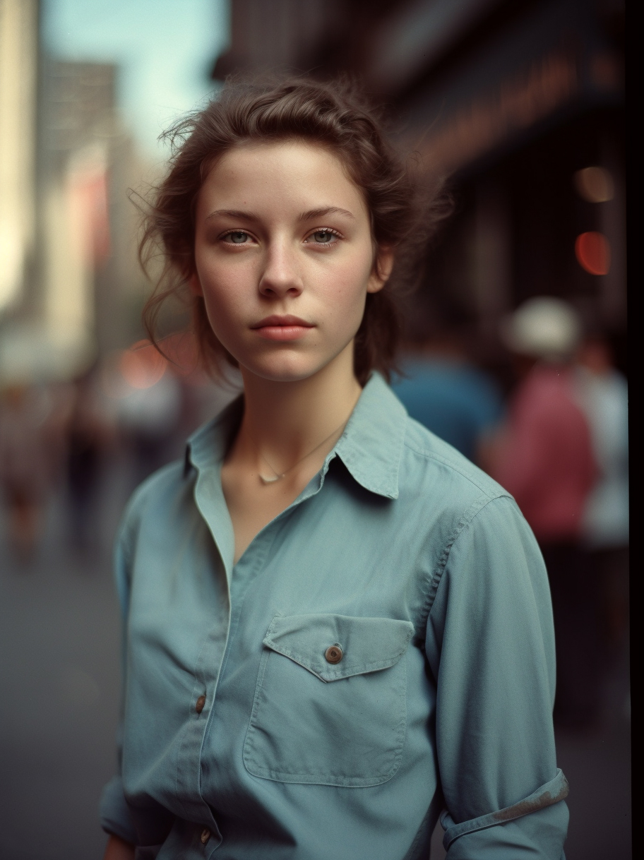 صورة مولدة بالذكاء الاصطناعي: Midjourney prompt: ((waist photo)) beautiful young model in the stree... (نموذج Midjourney - تصوير فوتوغرافي)