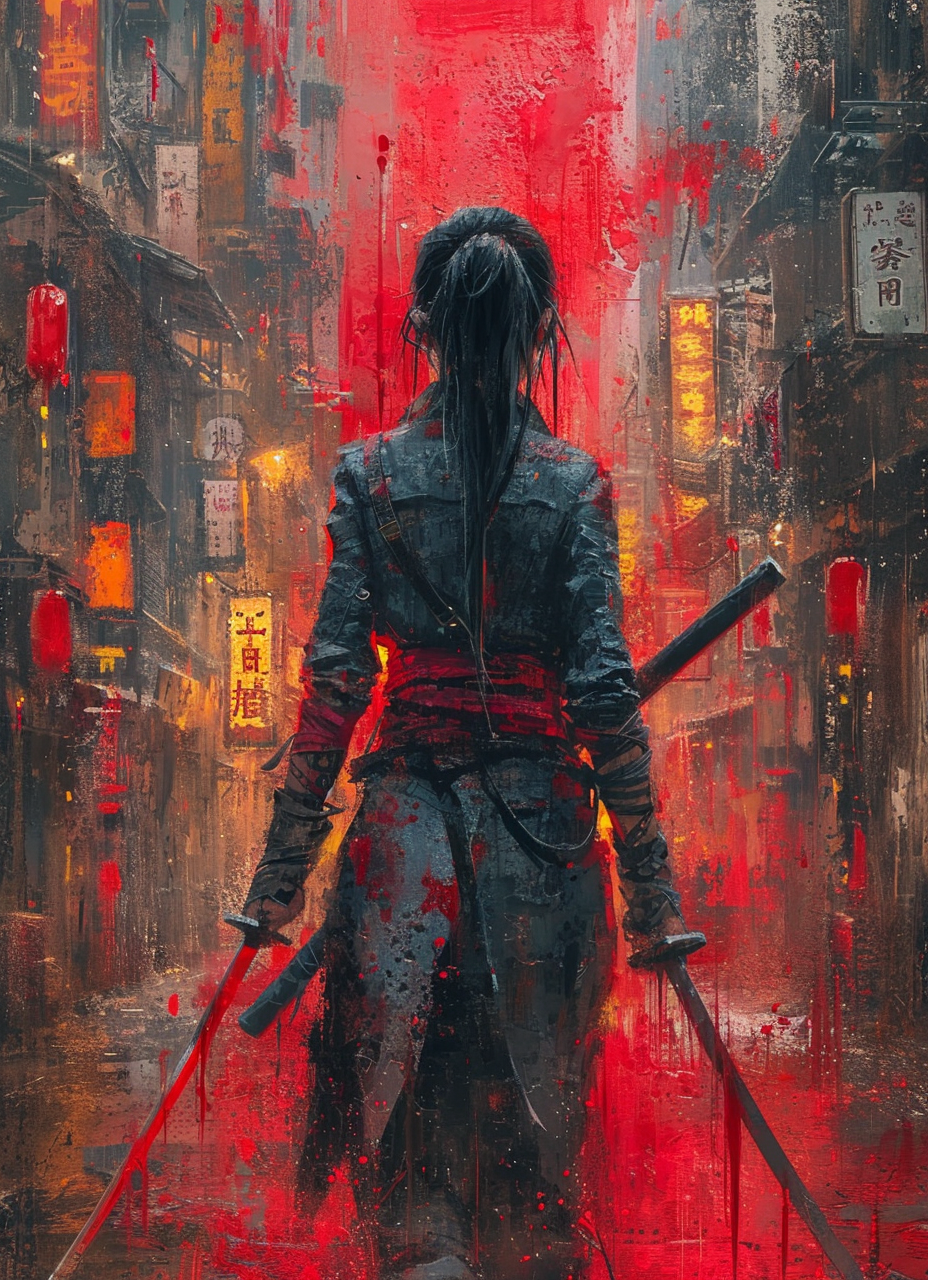 Midjourney prompt: a girl with swords in an urban scene, in the style... - Midjourney