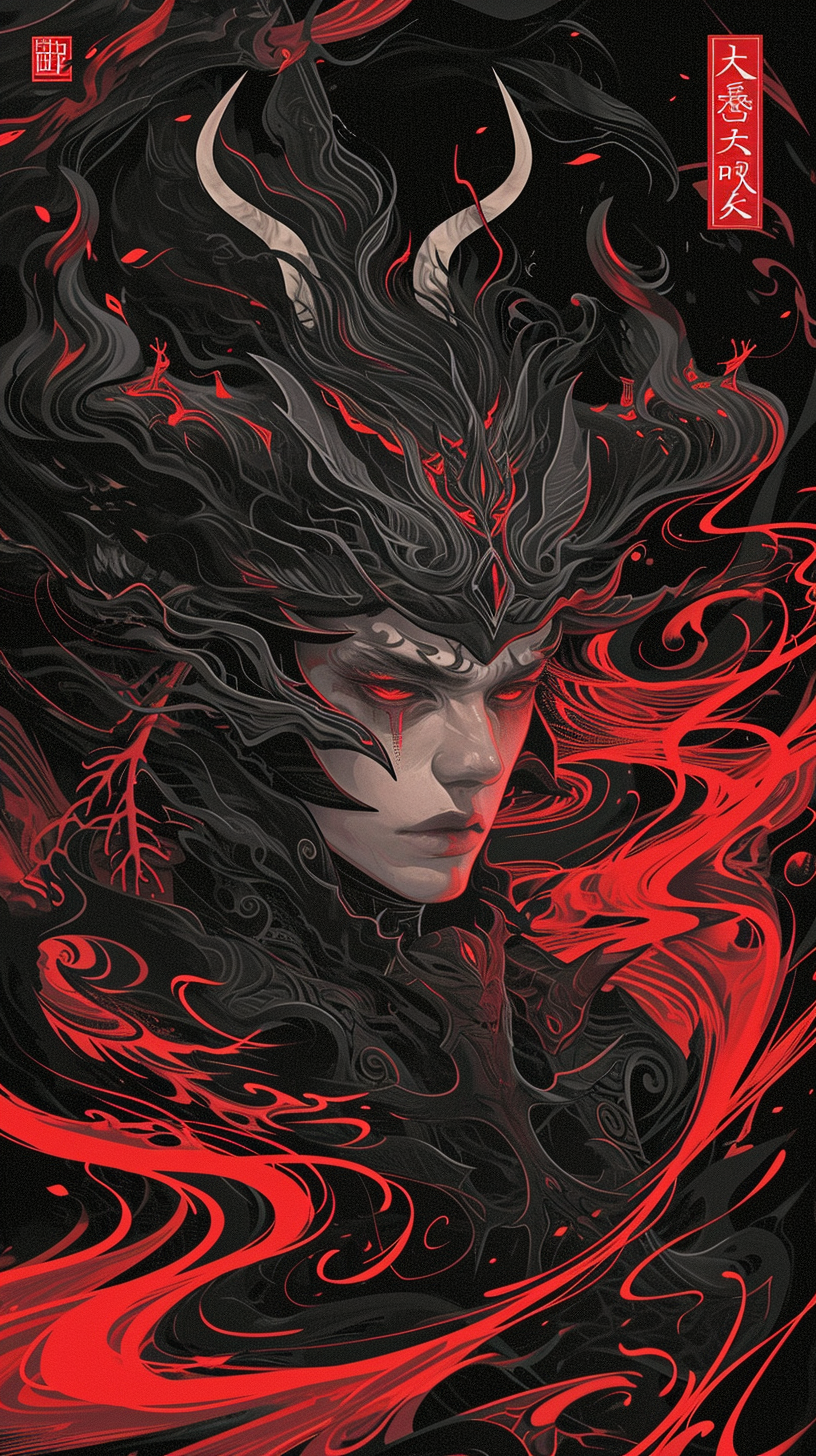 Midjourney prompt: a black and red illustration of a mystical monster... - Midjourney