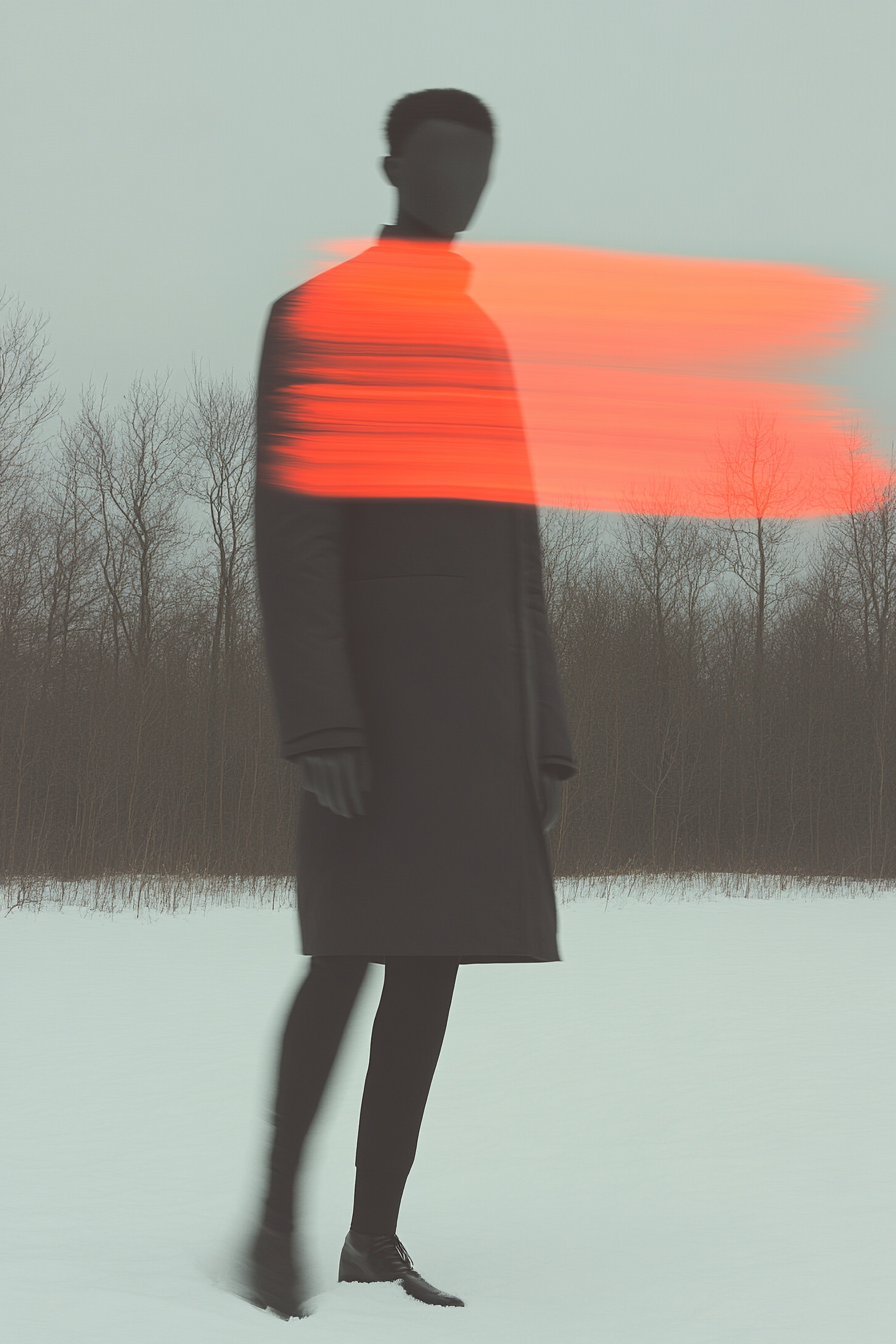 Midjourney prompt: blurry image of snowy winter puffer jacket fashion... - Midjourney