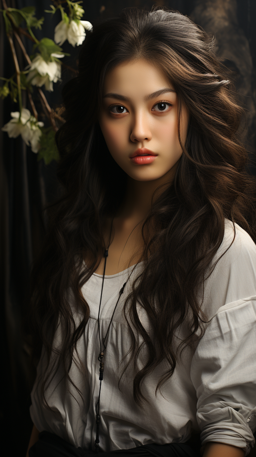 صورة مولدة بالذكاء الاصطناعي: Midjourney prompt: a beautiful girl with brown hair and long black ha... (نموذج Midjourney - صور شخصية)