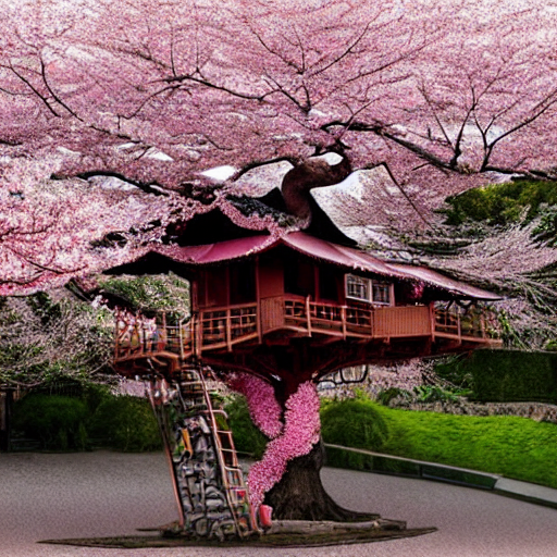 Stable Diffusion prompt: THE CHERRY BLOSSOM TREE HOUSE