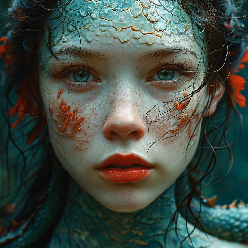 صورة مولدة بالذكاء الاصطناعي: Midjourney prompt: mermaid art, in the style of balanced symmetry, se... (نموذج Midjourney - صور شخصية)