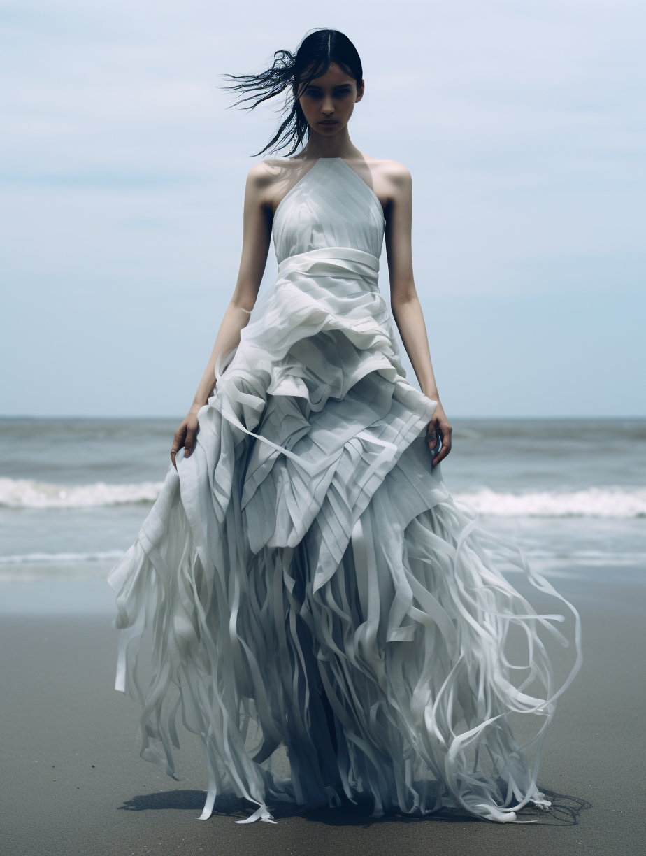 Midjourney prompt: a woman in a white dress standing on a beach, naga... - Midjourney