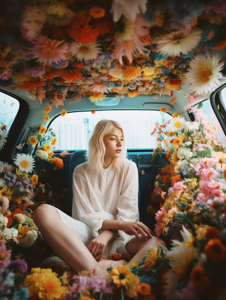 AI generated: Midjourney prompt: a girl with white hair sitting in car filled withf... (Midjourney - Portraits)