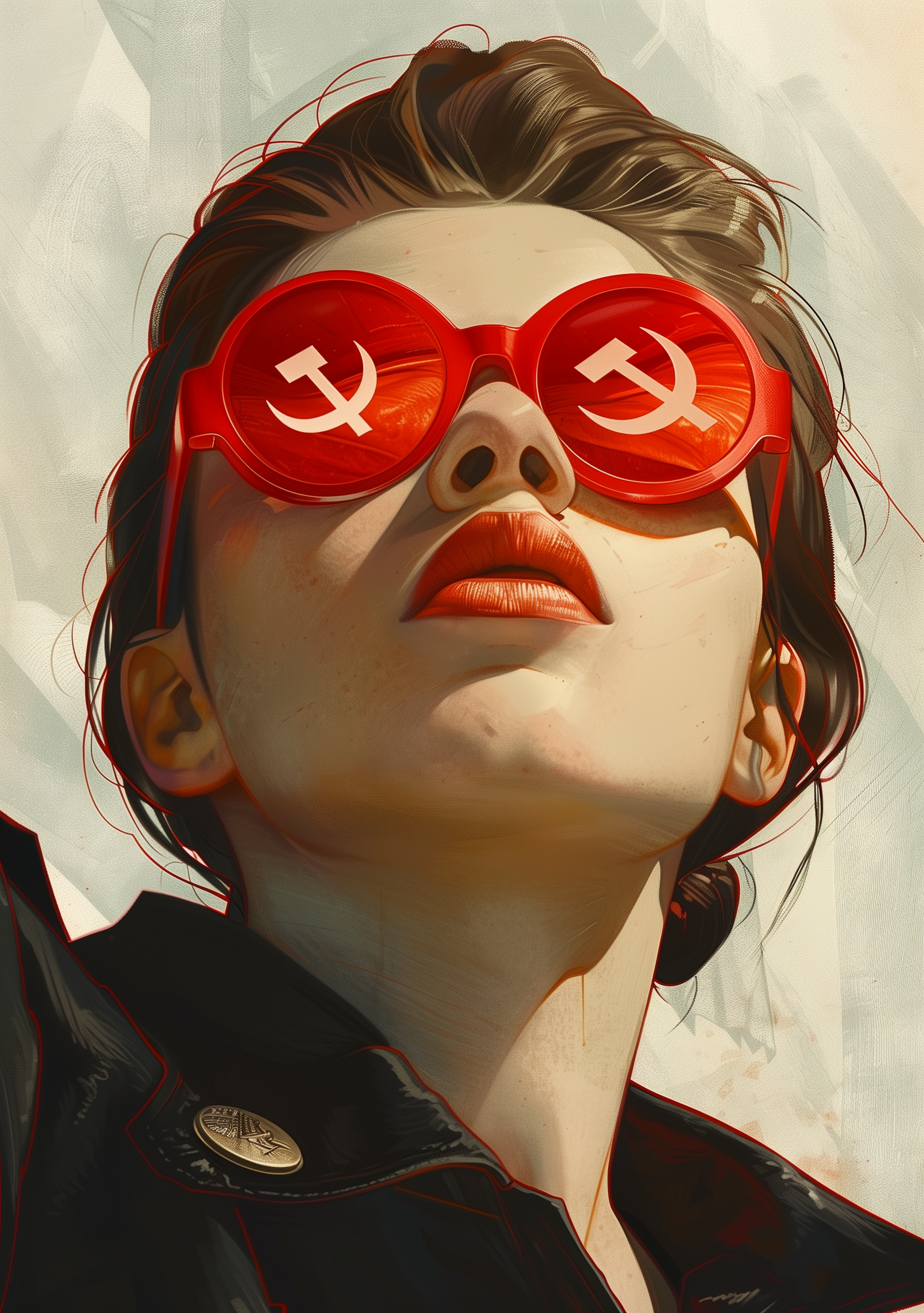 AI generated: Midjourney prompt: A woman with red glasses that have the hammer and ... (Midjourney - Concept Art)