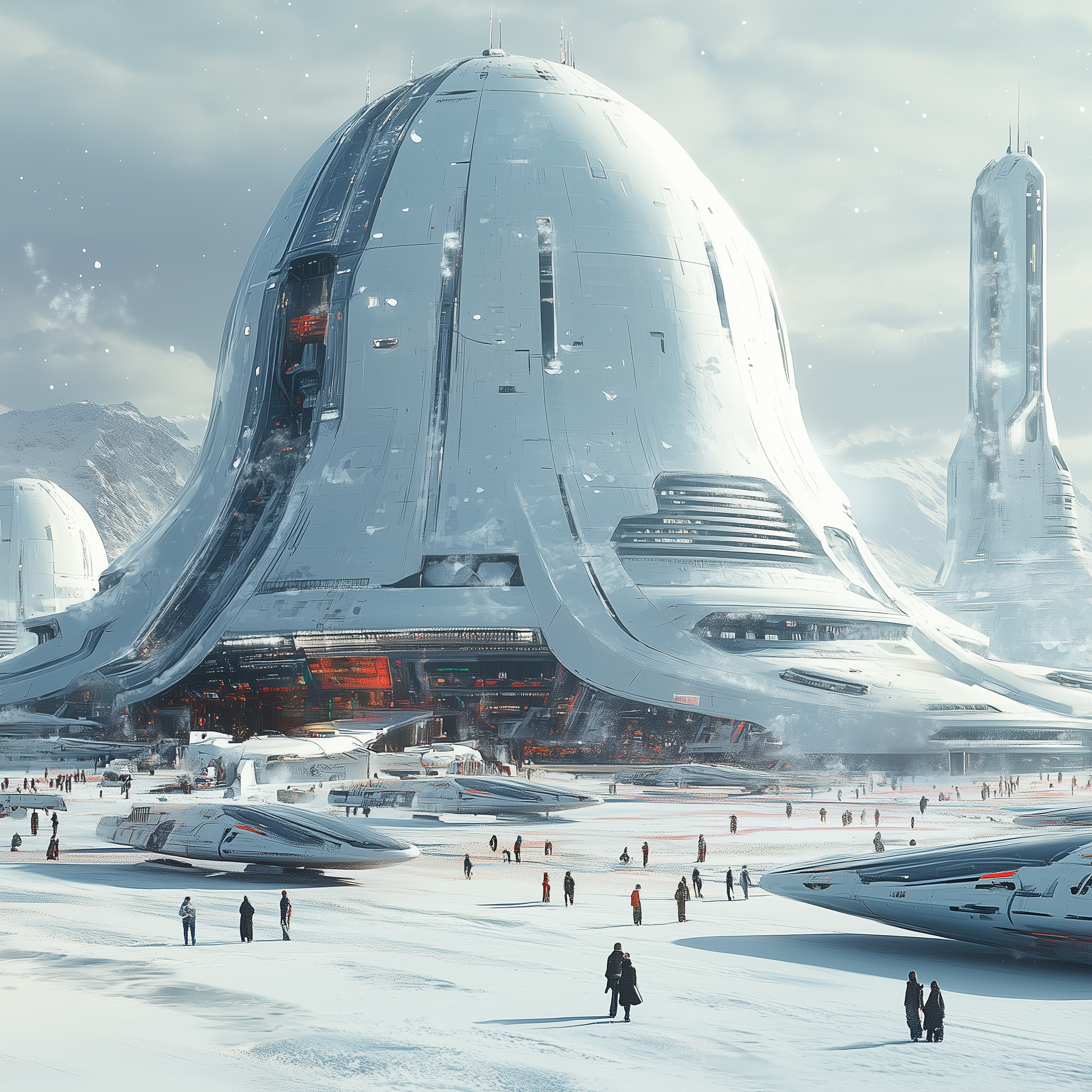 AI generated: Midjourney prompt: A large spaceport with many spaceships parked, peo... (Midjourney - Architecture)