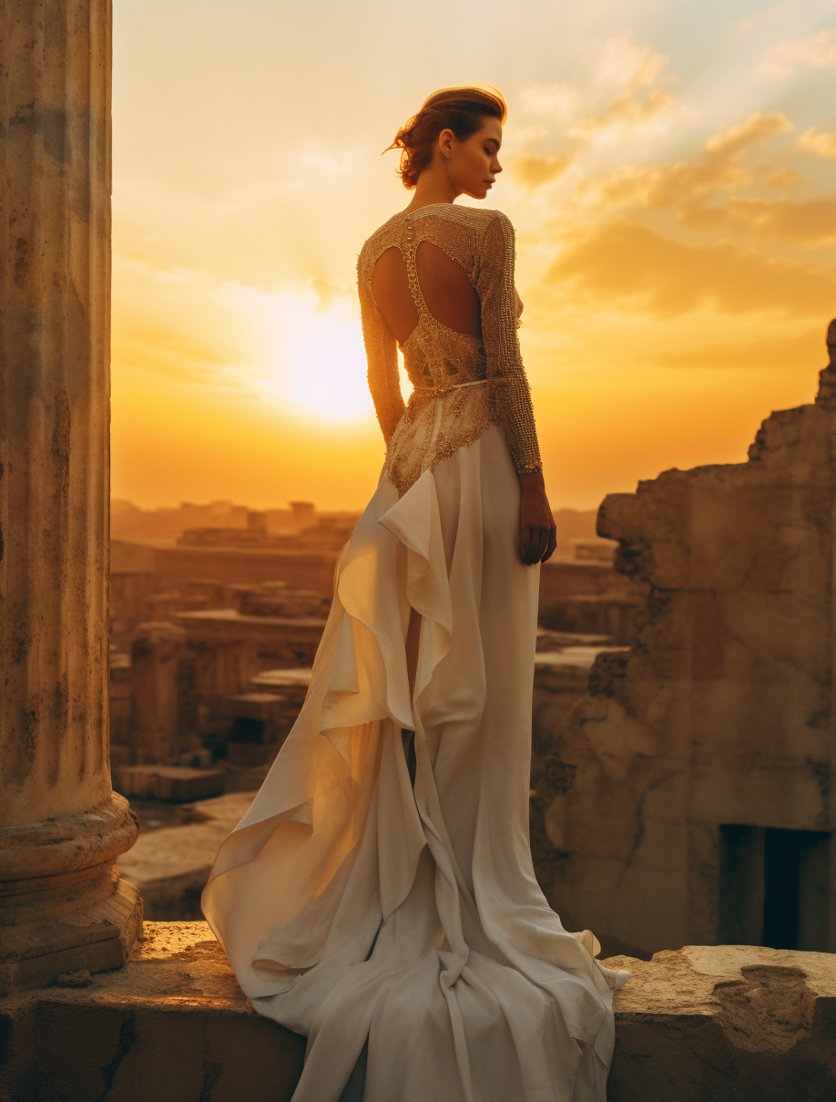 Midjourney prompt: a woman in a white dress standing on a ledge, look... - Midjourney