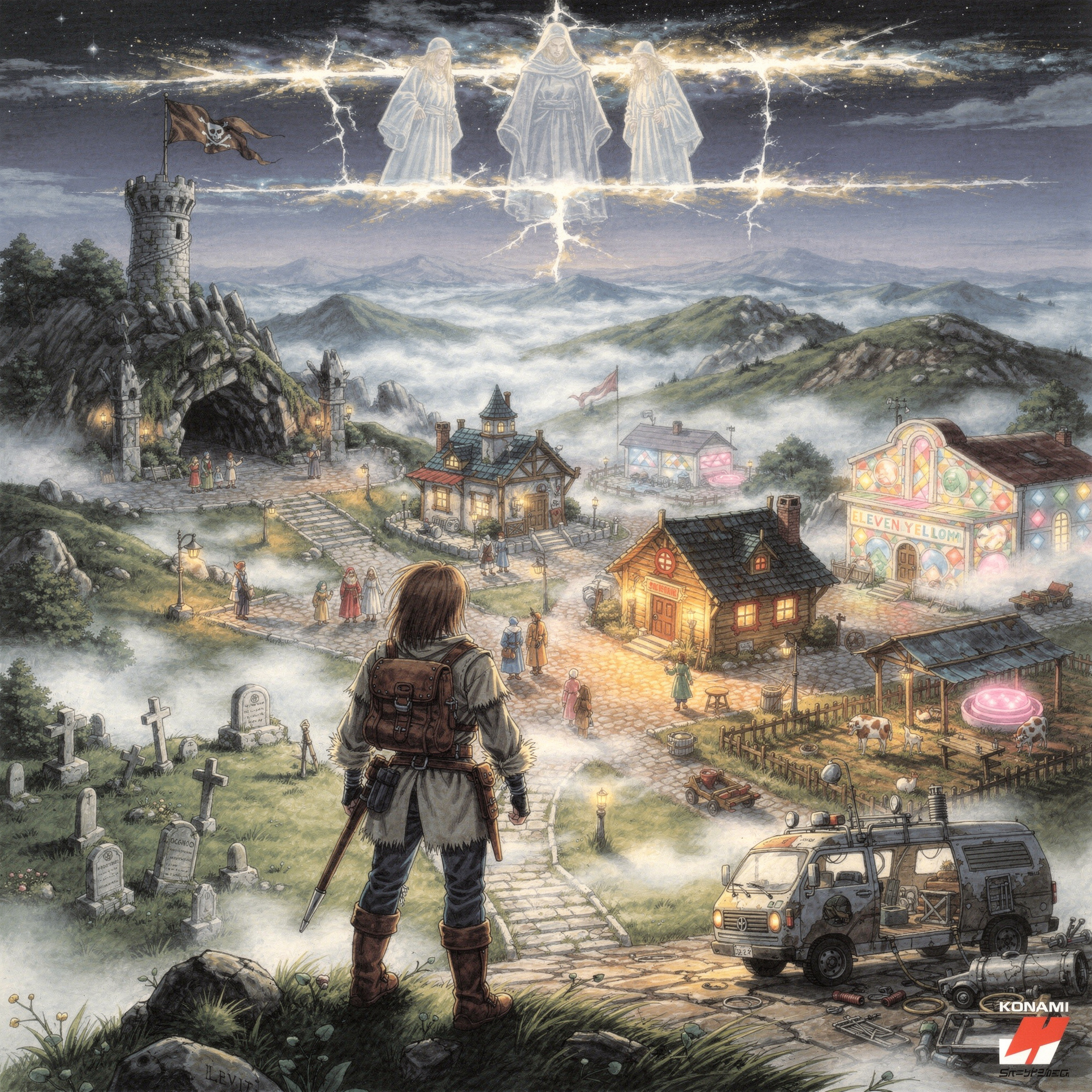 FLUX prompt: Japanese 1990s RPG box art illustration, Kon...