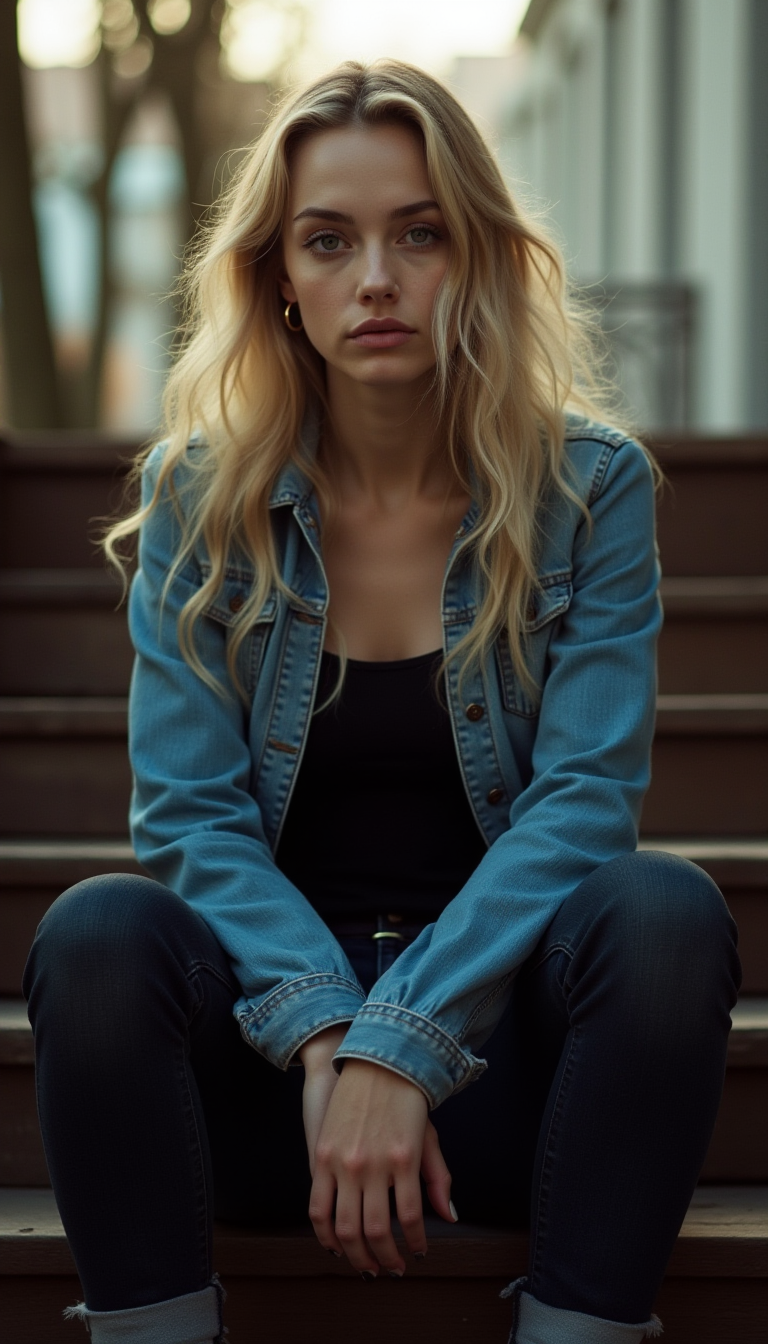 AI generated: FLUX prompt: A young woman with long blonde hair styled in loos... (FLUX - Photography)