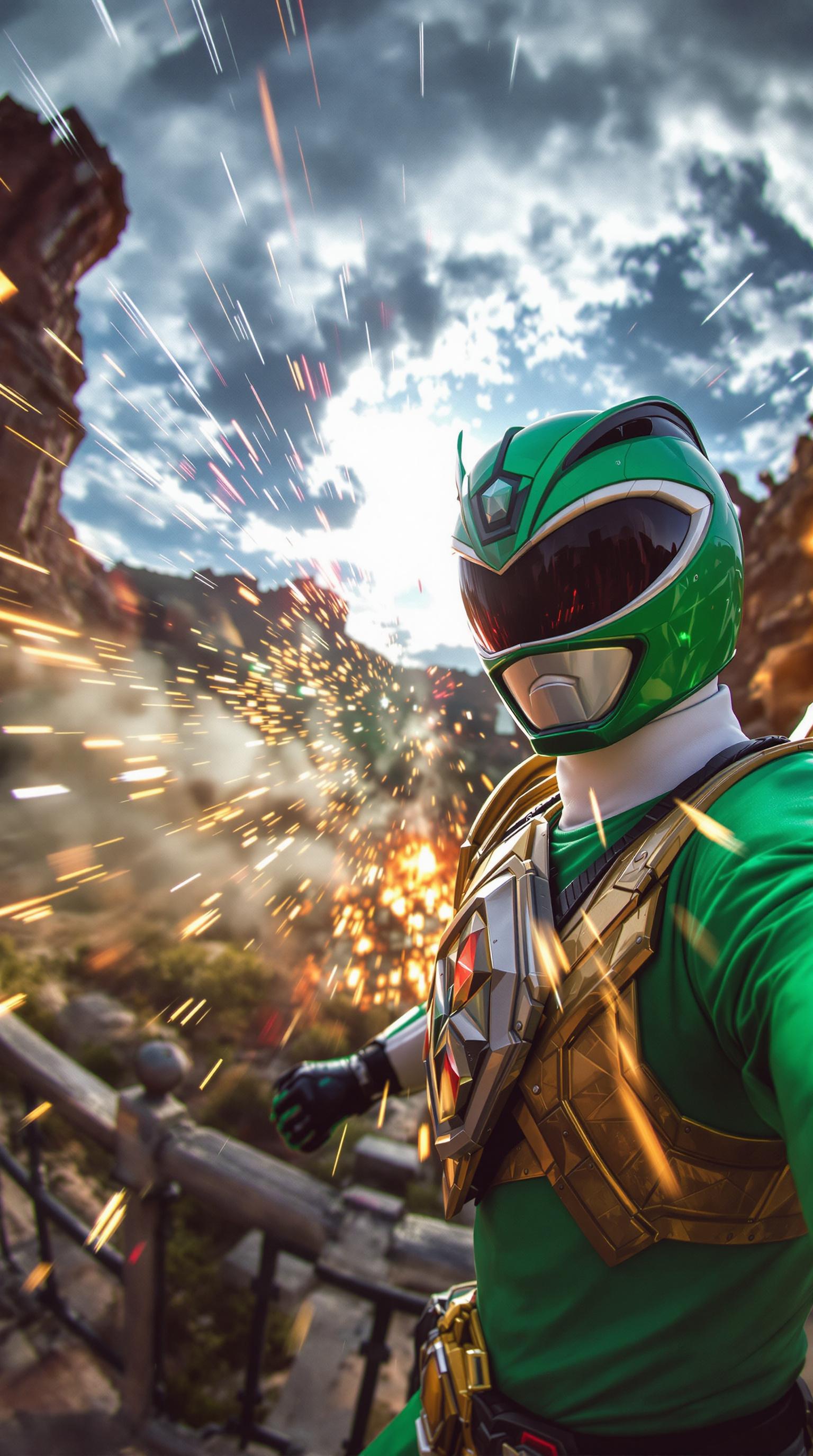 FLUX prompt: green power ranger taking a selfie doing a epic ba... - FLUX