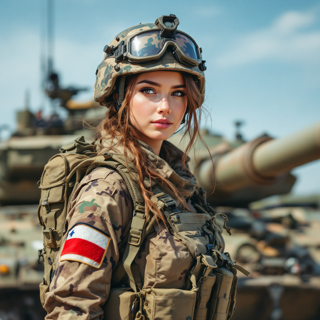 AI generated: FLUX prompt: nice female soldier standing behind an army TANK w... (FLUX - Concept Art)