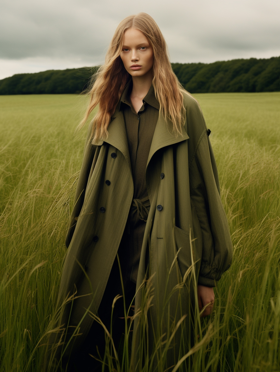 AI generated: Midjourney prompt: a woman walking through a lush green field, vogue ... (Midjourney - Fashion)
